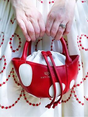 Katy Perry Mushroom Purse Mini Red White Polka Dot Bucket Drawstring